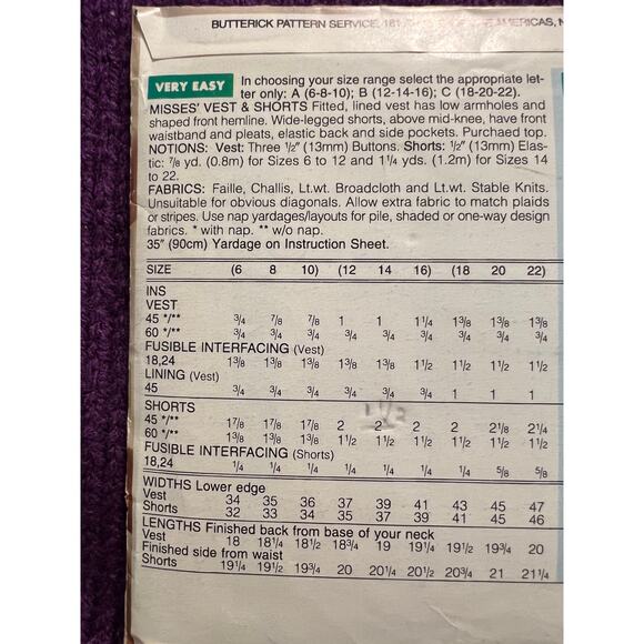 butterick sewing pattern 3543 vest pants shirt size 12 14 16 - Picture 4 of 6